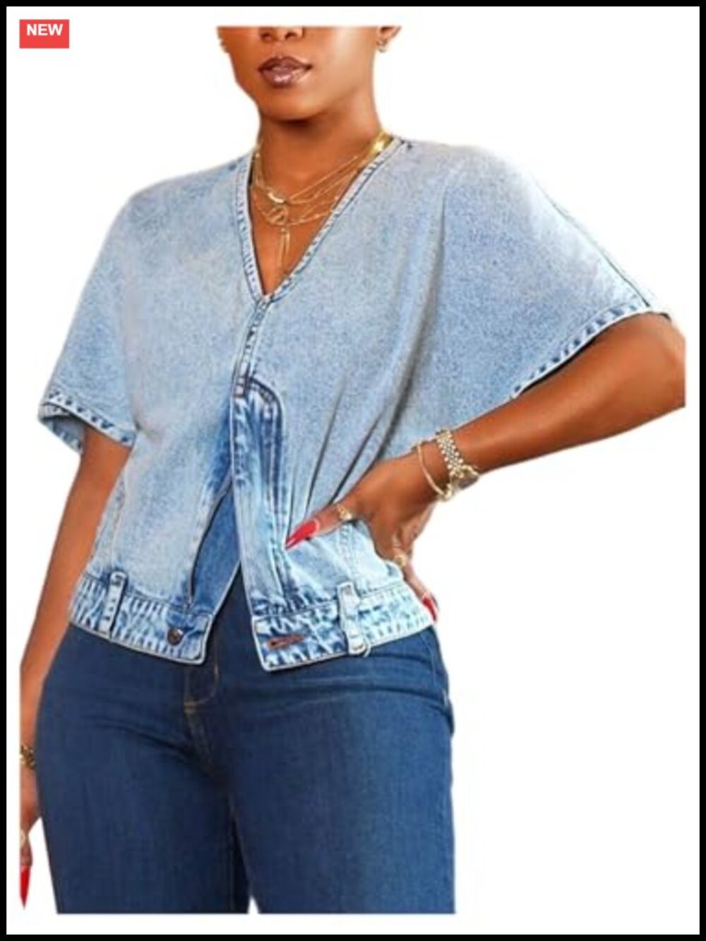 Women's Denim Jean Shirt Blouse V-Neck Short Sleeve Split Zipper Front
